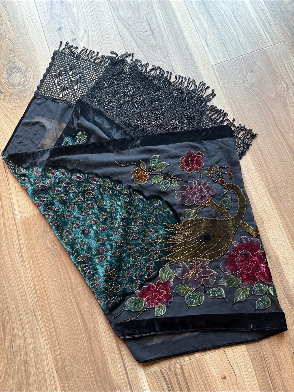 Vintage Boho Velvet  Burnout and Beaded Peacock Shawl Scarf